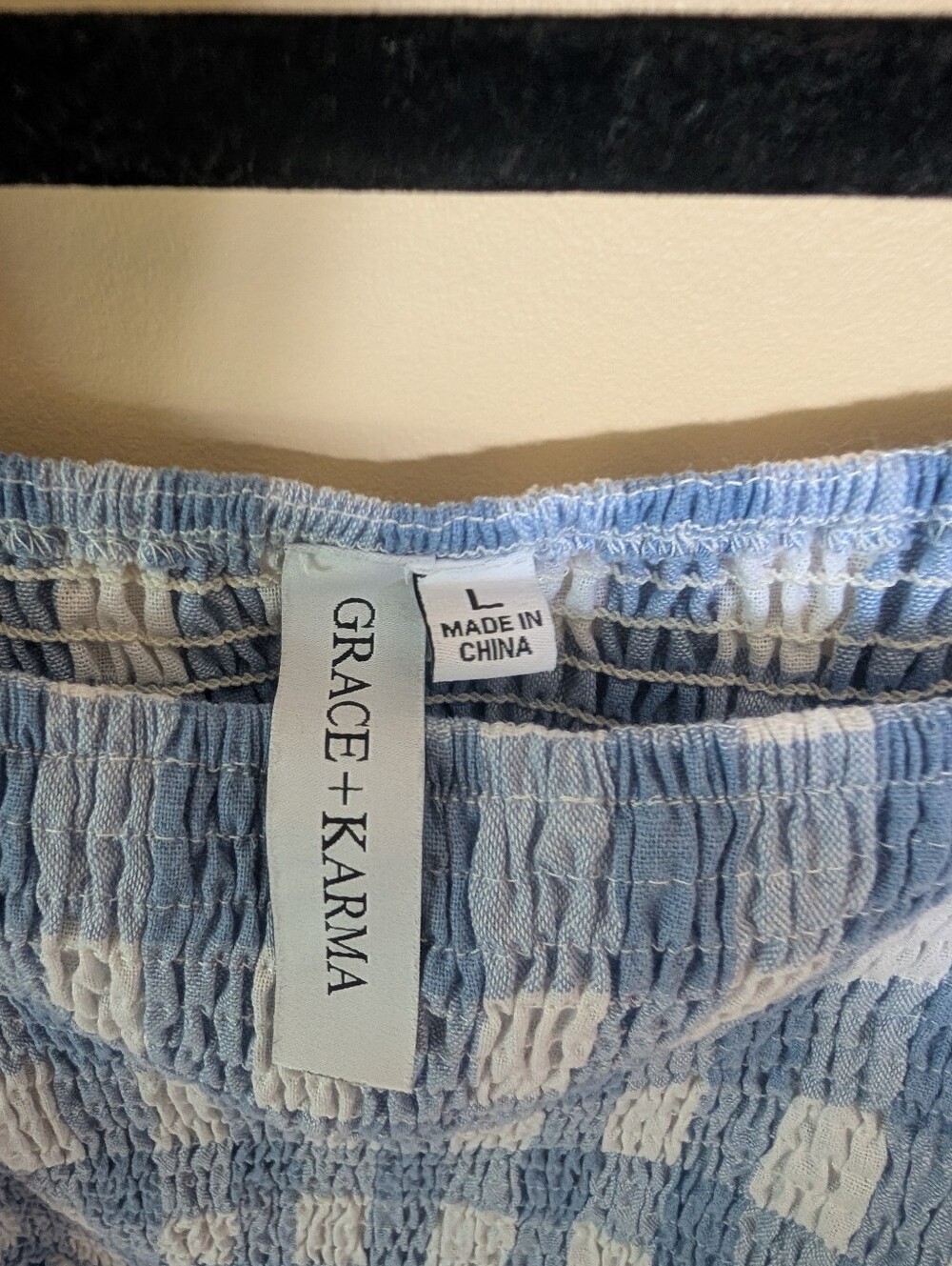 Grace + Karma Blue and White Gingham Puff-Sleeve Smocked Peplum Top - Picture 3 of 6